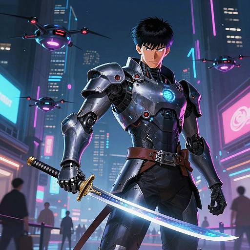 Cybernetic Samurai in Neon Cityscape