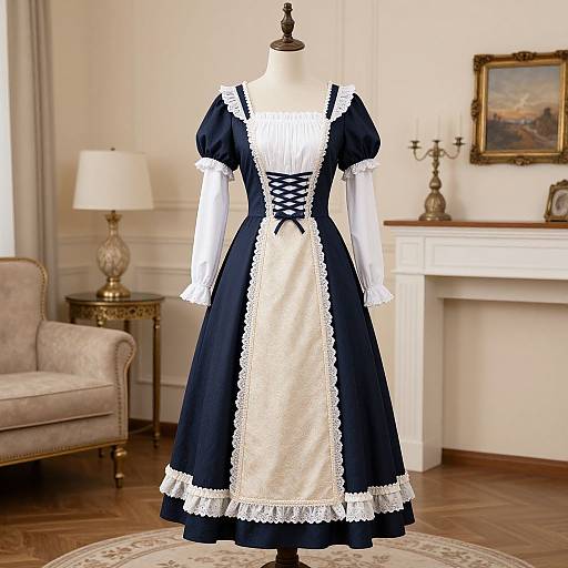 Photograph of a Victorian-style black and white maid dress on a mannequin in a vintage room with a lamp, chair, and framed painting.