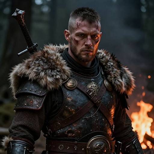 Photorealistic image of a rugged, bloodied warrior with short dark hair, wearing fur-trimmed, armored gear, standing in front of a