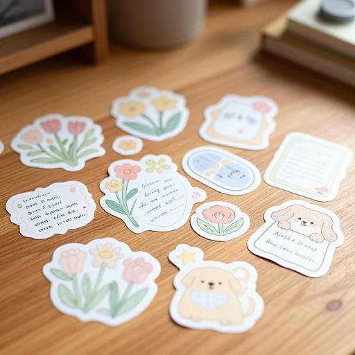 Photograph of colorful, hand-drawn flower and bear stickers with text on a wooden table, softly lit, with blurred background.