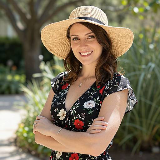 Smiling Woman in Floral Dress Outdoors
