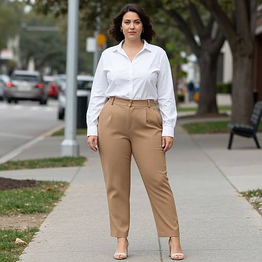 Photograph of a dark-haired woman in a white blouse and beige high-waisted pants, standing on a suburban sidewalk. Background includes trees, parked