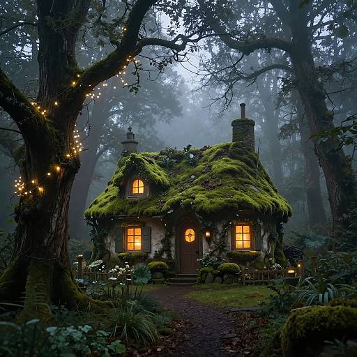 Enchanted, moss-covered cottage with glowing windows, string lights on tree, surrounded by foggy forest at dusk, magical fairy tale scene.