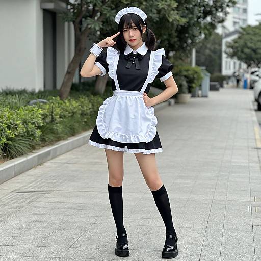 Photograph of an Asian woman in a black and white French maid outfit, standing confidently on a urban sidewalk, hand on hip, trees and buildings in