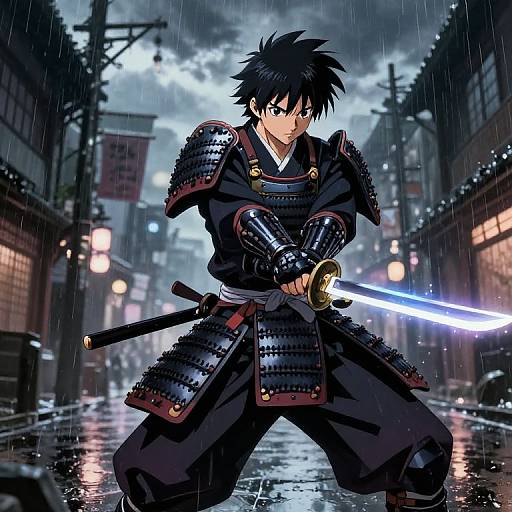 Anime-style digital illustration of a black-haired samurai warrior in rain-soaked streets, holding a glowing blue sword, wearing detailed armor.