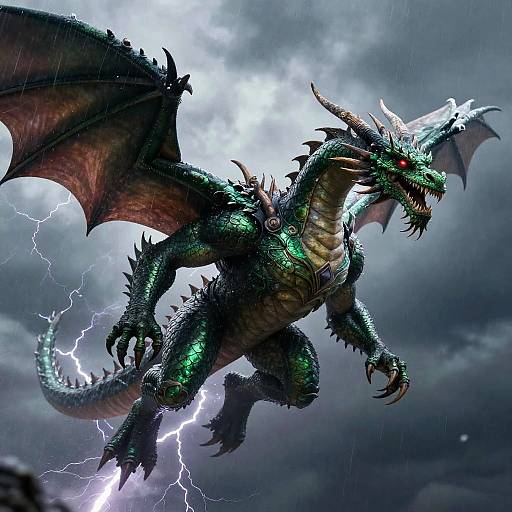 Digital fantasy artwork of a fierce, green-scaled dragon with red eyes, sharp horns, and bat-like wings, flying amidst a stormy sky with