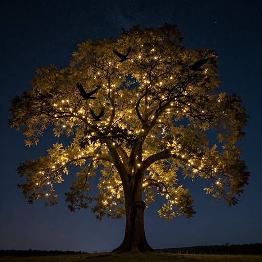 Photograph of a large tree at night, illuminated by warm yellow string lights against a deep blue, starry sky.