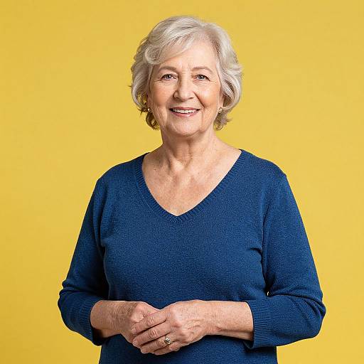 Photograph of an elderly woman with short white hair, wearing a navy blue V-neck sweater, smiling against a bright yellow background.