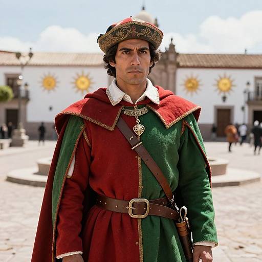 Photograph of a serious, dark-haired man in medieval green and red attire with a decorative hat, standing in a sunlit, cobblestone plaza