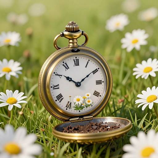 Vintage gold pocket watch with open lid, displaying dark soil, set in a grassy field of white daisies. Photograph.