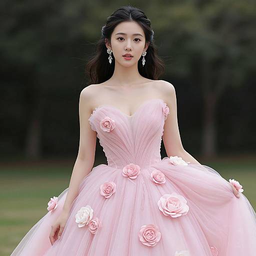 Photograph of an Asian woman with long black hair, wearing a strapless pink ball gown adorned with rose embellishments, standing in a blurred green outdoor