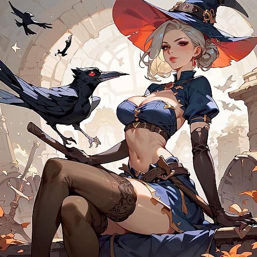 Silver-Haired Necromancer Witch Riding Broom