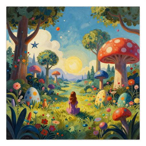 Whimsical digital painting of a girl with long brown hair sitting in a vibrant, enchanted forest filled with colorful mushrooms and flowers, under a bright,