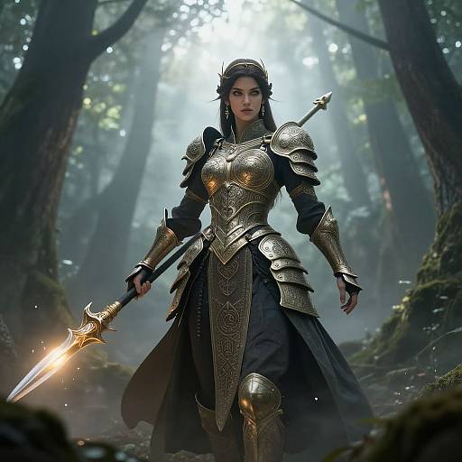Elegant Warrior Goddess in Misty Forest