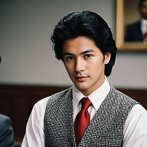 Young Man in Vintage Vest and Red Tie