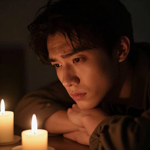 Photograph of a pensive Asian man with dark hair, dim lighting, and warm candlelight, resting his chin on his hand, looking introspective