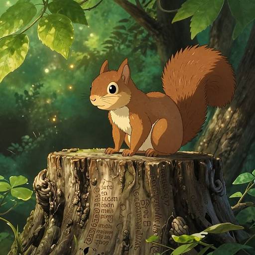 Digital illustration of a cute, brown squirrel with a bushy tail, standing on a tree stump in a lush, green forest, illuminated by soft,