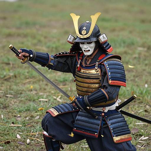 Japanese Samurai in Blue and Gold Armor Holding Katana