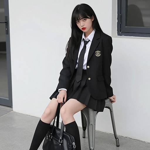 Asian Woman in Black School Uniform Sitting on Chair