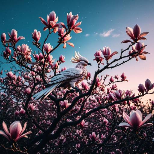 Surreal Phoenix-Shaped Bird on Magnolia Branch