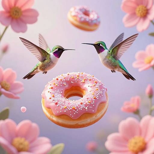 Photograph of two iridescent hummingbirds hovering above a pink-sprinkled donut amidst blooming pink flowers under a bright, blue sky