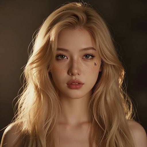 Photograph of a young, fair-skinned woman with long, wavy blonde hair, freckles, and a small star-shaped tattoo on her