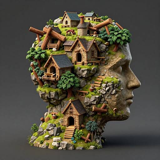 Photorealistic digital art of a human head profile transformed into a whimsical village, with wooden houses, greenery, and rocks, set against a