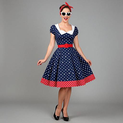 Photograph of a retro-style woman in a navy blue polka dot dress with white collar, red belt, and red polka dot trim, black
