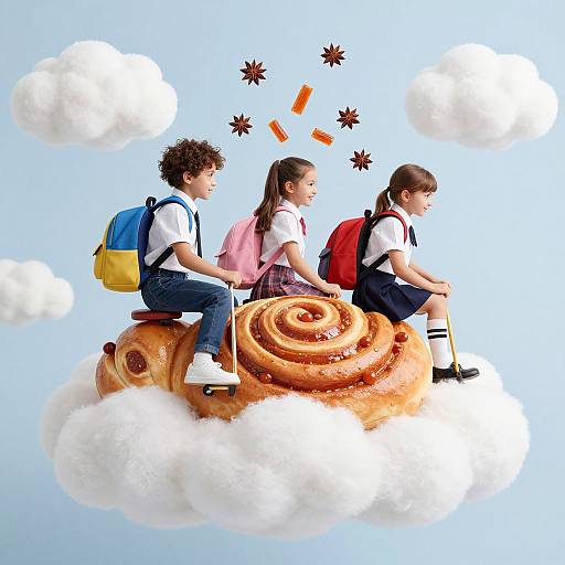 Photograph of three children with backpacks sitting on a giant cinnamon roll, floating among white clouds, with starbursts and orange lines above. Bright