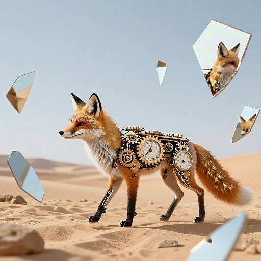 Digital art of a fox with gears and mirrors on its body standing in a desert, with mirrored fragments floating around.
