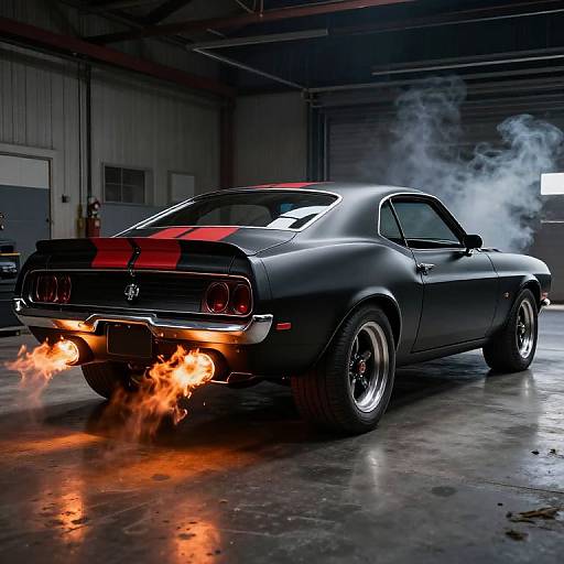 Photograph of a black muscle car with red racing stripes, flames from exhaust, smoke, and chrome wheels in a dim garage.