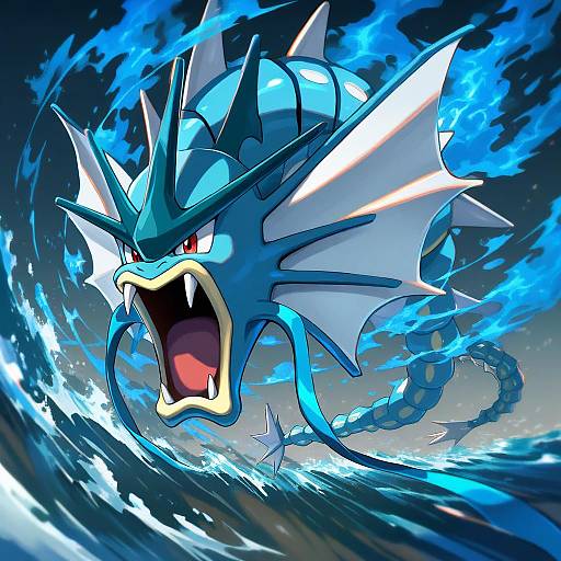 Illustration of Gyarados, pokemon in the style of Clamp (circle)