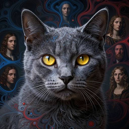 Photorealistic digital art of a gray tabby cat with glowing yellow eyes, surrounded by surreal, swirling portraits of serious-faced women in dark tones.