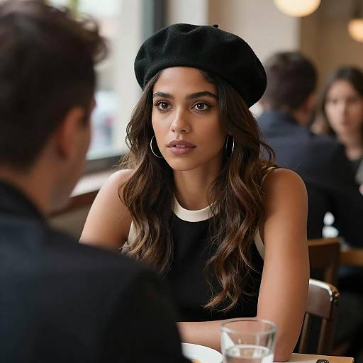 Woman Wearing Black Beret in Restaurant Conversation