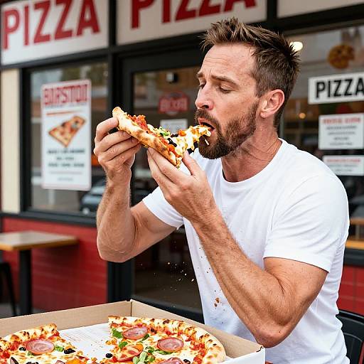 Photograph of a bearded man in a white t-shirt eating a slice of pizza outside a pizza restaurant with 