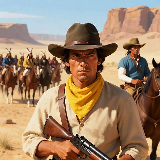 Western Scene with Armed Cowboy and Native American Warriors