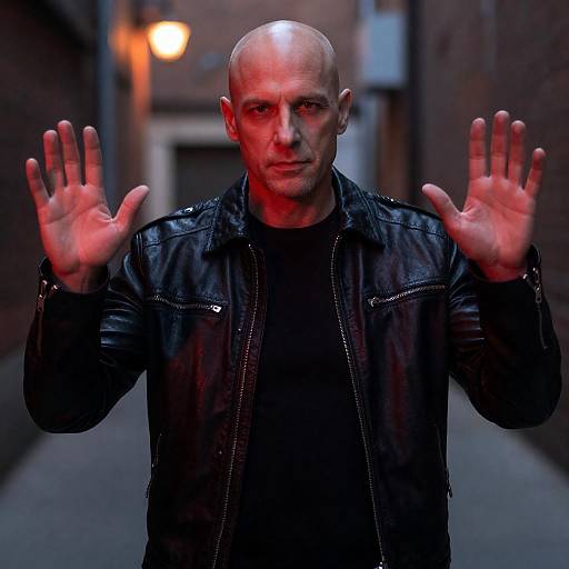 Bald man in leather jacket with hands raised in alley