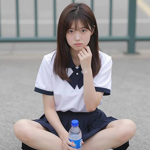 Asian Woman in School Uniform Sitting
