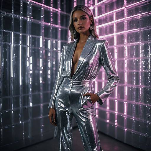 Woman in Silver Sequin Outfit with Neon Glow