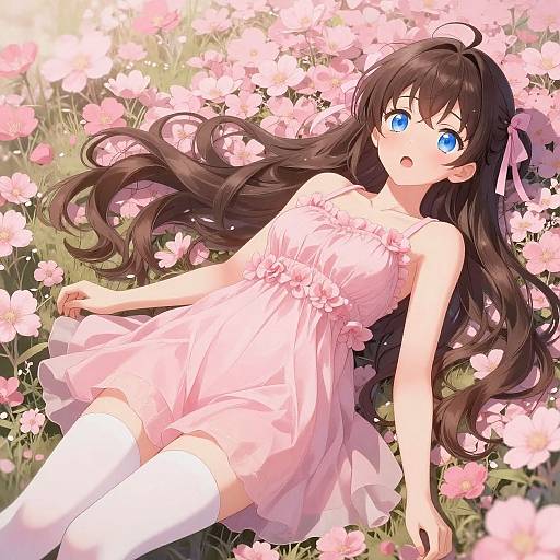 Anime Girl in Pastel Flower Field