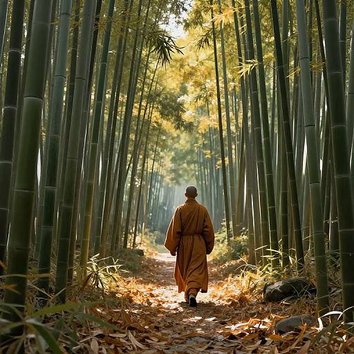 Solitary Monk in Autumn Bamboo Forest