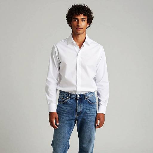 Photograph of a young man with curly black hair, wearing a white button-down shirt and blue jeans, standing against a plain white background.