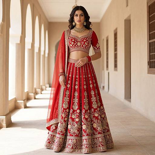 Photograph of a beautiful South Asian woman in a red and gold embroidered traditional lehenga and dupatta, standing in a sunlit, arched corridor