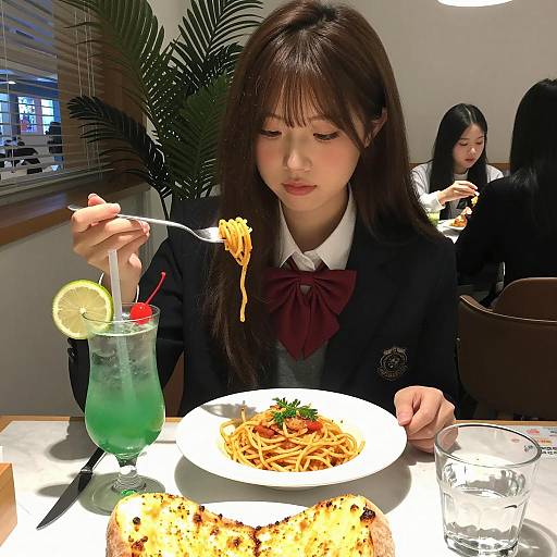 Young Woman Eating Spaghetti in Restaurant