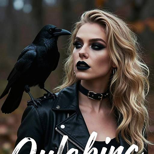 Photograph of a blonde woman with black makeup, wearing a black leather jacket and choker, with a black crow perched on her shoulder. Background