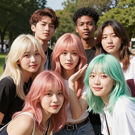 Photograph of seven diverse young adults with colorful hair—blonde, pink, green, black—standing outdoors in a sunny park, wearing casual clothes