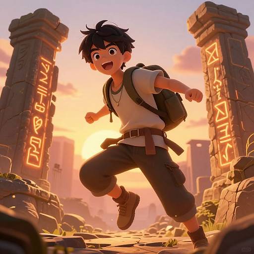 Digital anime-style illustration of a black-haired boy with a backpack, running joyfully through ancient ruins with glowing orange pillars at sunset.