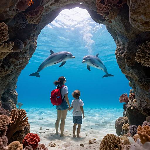 Photograph of a woman with a red backpack and a young boy standing in a coral cave, watching two dolphins swim above in clear blue underwater light.