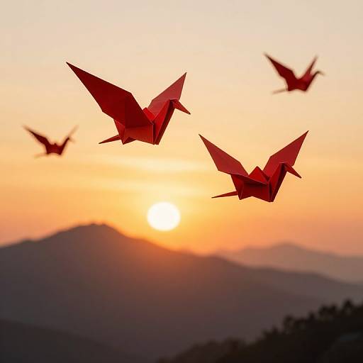 Photograph of three red origami birds flying against a vibrant orange sunset over silhouetted mountains, with a soft gradient sky.