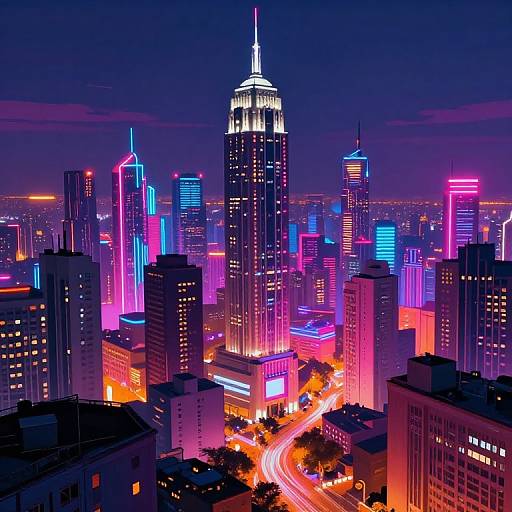 Vibrant neon-lit nighttime cityscape photograph of a bustling urban skyline, featuring illuminated skyscrapers, including a brightly glowing Empire State Building,